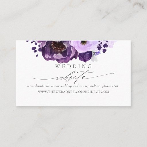 Customizable Wedding Website Eggplant Purple Flowers Business Card