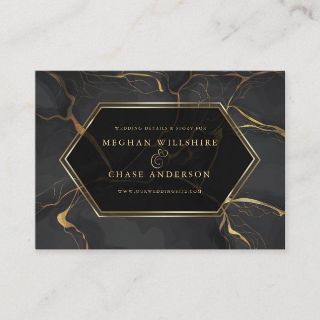 WEDDING WEBSITE | Elegant Black and Gold Marble Business Card (Front)