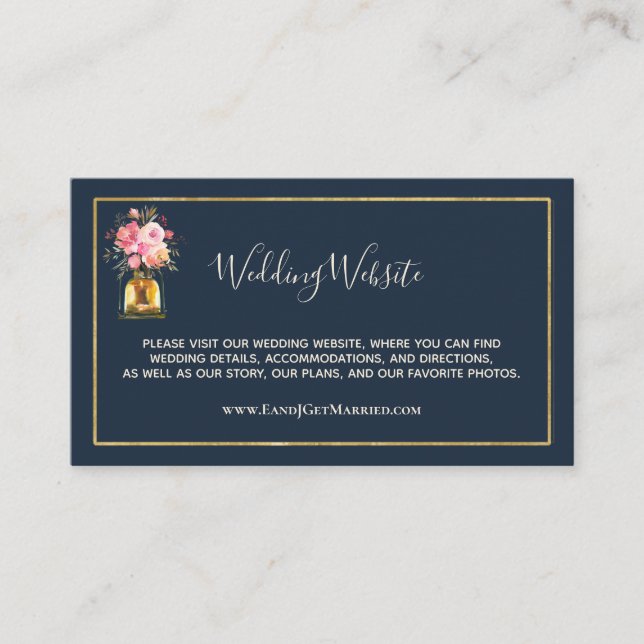 Wedding Website Elegant Navy Blue Coral Business Card (Front)