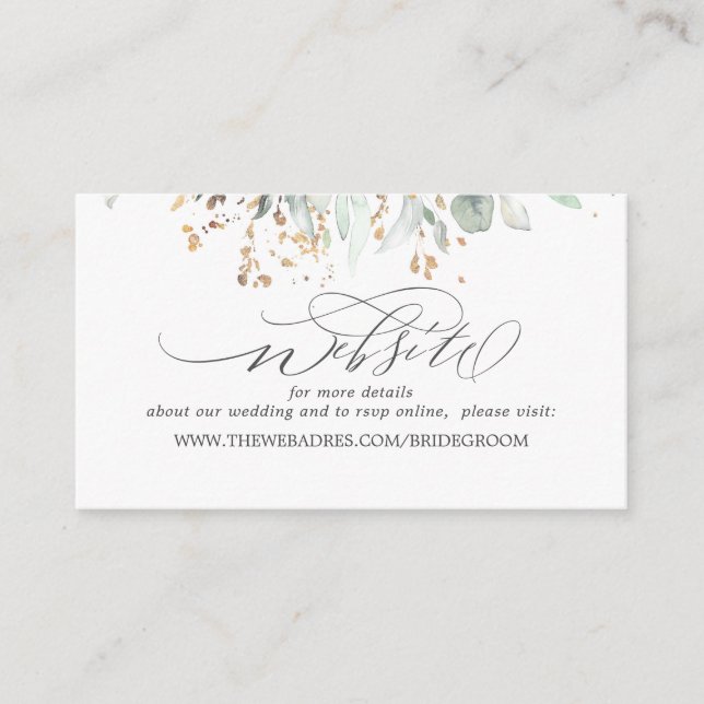 Wedding Website Gold Leaves Greenery Business Card (Front)