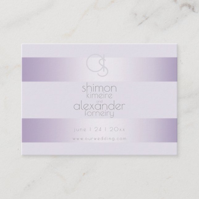 Wedding Website  | Lilac Shimmer Stripes Monogram Business Card (Front)