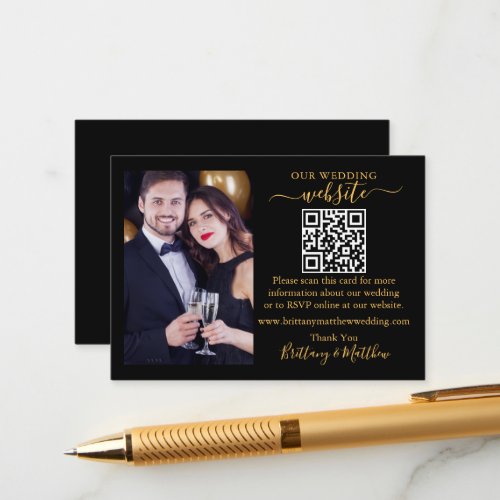 Wedding Website Minimalist QR Photo Black Gold Enclosure Card