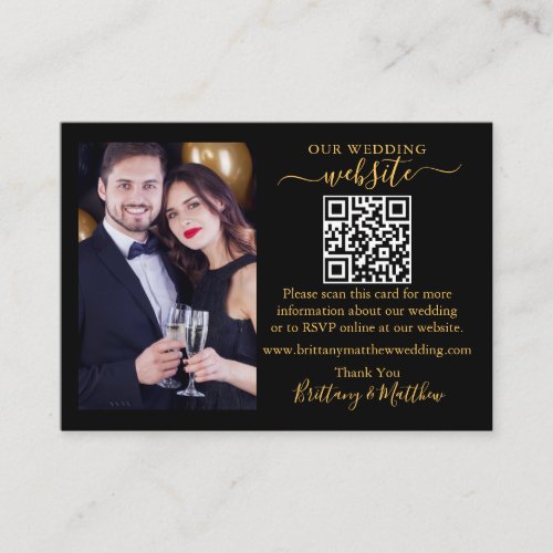 Wedding Website Minimalist QR Photo Black Gold Enclosure Card