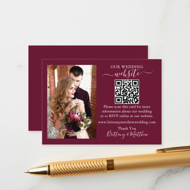 Wedding Website Minimalist QR Photo Burgundy Enclosure Card (Front/Back In Situ)