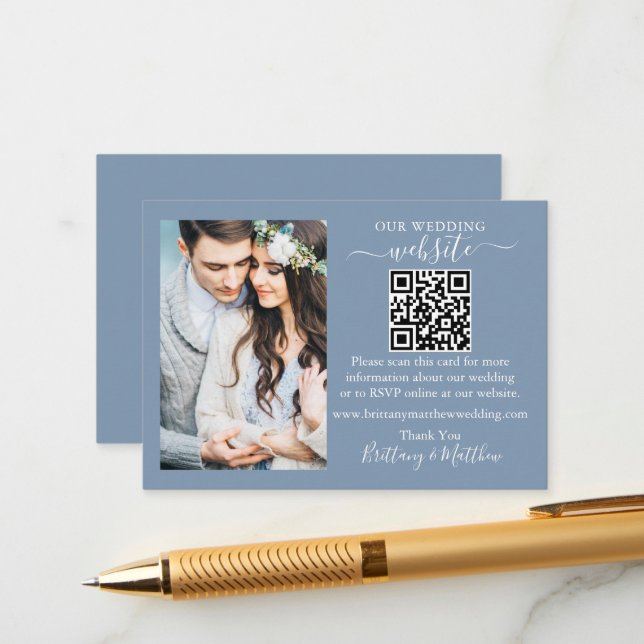 Wedding Website Minimalist QR Photo Dusty Blue Enclosure Card (Front/Back In Situ)