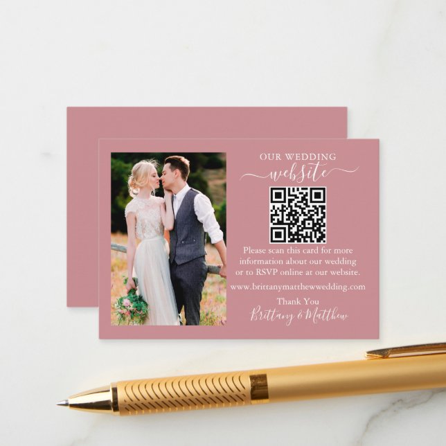 Wedding Website Minimalist QR Photo Dusty Rose Enclosure Card (Front/Back In Situ)