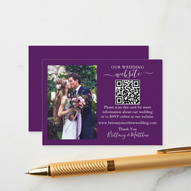 Wedding Website Minimalist QR Photo Purple Enclosure Card (Front/Back In Situ)