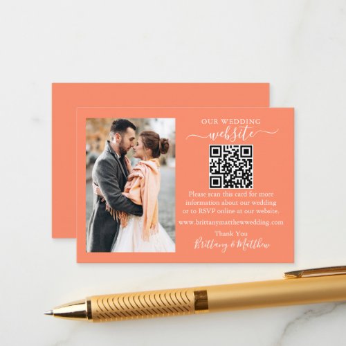 Wedding Website Minimalist Simple QR Photo Coral Enclosure Card