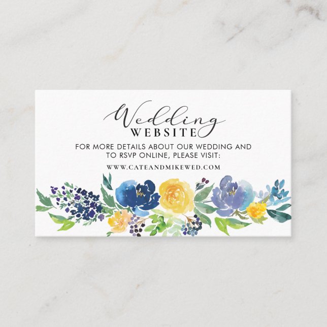 Wedding Website Navy Blue and Yellow Floral Business Card (Front)