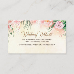 Wedding Website Pink Tropical Flowers & Palm Leaf Business Card