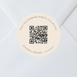 Wedding website QR code details rsvp beige Classic Round Sticker<br><div class="desc">Add your url for your wedding website.  For information,  details,  online rsvp.  A beige,  cream colored background,  black text.</div>