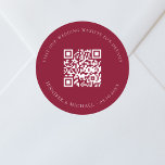 Wedding website QR code details rsvp burgundy Classic Round Sticker<br><div class="desc">Add your url for your wedding website.  For information,  details,  online rsvp.  A burgundy colored background,  white text.</div>