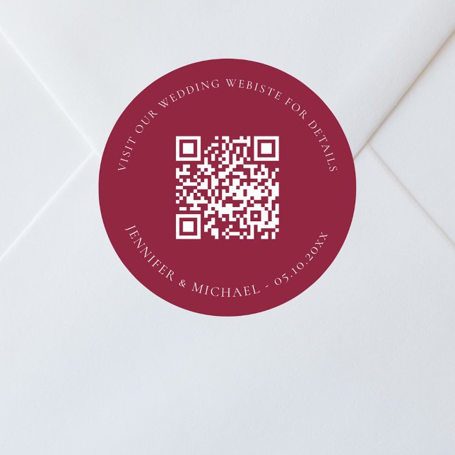 Wedding website QR code details rsvp burgundy Classic Round Sticker (Creator Uploaded)