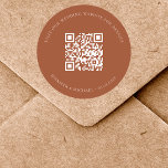Wedding website QR code details rsvp burnt orange Classic Round Sticker<br><div class="desc">Add your url for your wedding website.  For information,  details,  online rsvp.  Burnt orange colored background,  white text.</div>