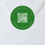 Wedding website QR code details rsvp emerald green Classic Round Sticker<br><div class="desc">Add your url for your wedding website.  For information,  details,  online rsvp.  An emerald green colored background,  white text.</div>