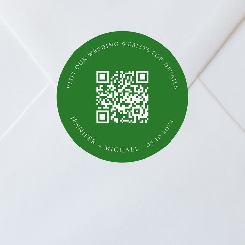 Wedding website QR code details rsvp emerald green Classic Round Sticker