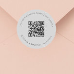 Wedding website QR code details rsvp gray Classic Round Sticker<br><div class="desc">Add your url for your wedding website.  For information,  details,  online rsvp.  A light gray colored background,  black text.</div>