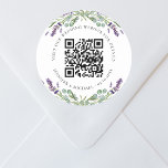 Wedding website QR code details rsvp lavender Classic Round Sticker<br><div class="desc">Add your url for your wedding website.  For information,  details,  online rsvp.  A white background decorated with lavender flowers and eucalyptus greenery.</div>