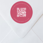 Wedding website QR code details rsvp magenta Classic Round Sticker<br><div class="desc">Add your url for your wedding website.  For information,  details,  online rsvp.  A magenta colored background,  white text.</div>