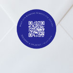 Wedding website QR code details rsvp navy blue Classic Round Sticker<br><div class="desc">Add your url for your wedding website.  For information,  details,  online rsvp.  A navy blue colored background,  white text.</div>