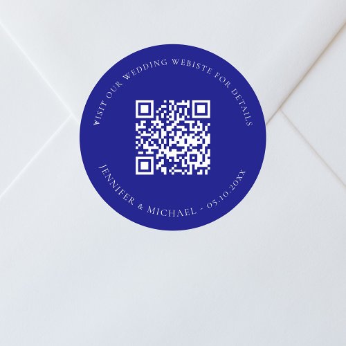 Wedding website QR code details rsvp navy blue Classic Round Sticker