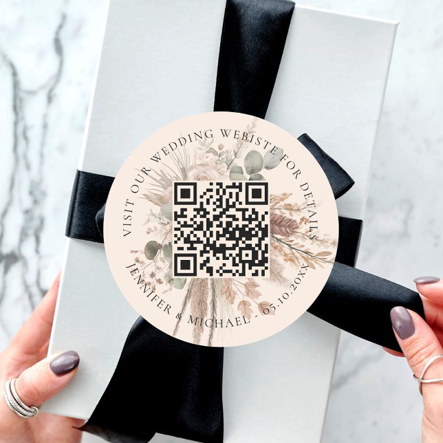 Wedding website QR code details rsvp pampas beige Classic Round Sticker (Creator Uploaded)