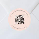 Wedding website QR code details rsvp peach Classic Round Sticker<br><div class="desc">Add your url for your wedding website.  For information,  details,  online rsvp.  A peach colored background,  black text.</div>