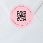 Wedding website QR code details rsvp pink Classic Round Sticker<br><div class="desc">Add your url for your wedding website.  For information,  details,  online rsvp.  A pink colored background,  black text.</div>