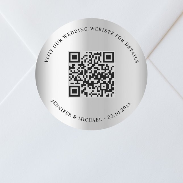 Wedding website QR code details rsvp silver Classic Round Sticker (Creator Uploaded)