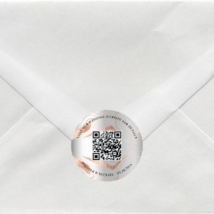 Wedding website QR code details rsvp silver rose Classic Round Sticker