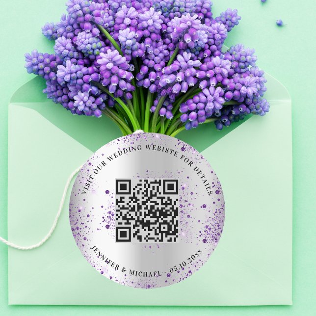 Wedding website QR code details rsvp silver violet Classic Round Sticker (Creator Uploaded)