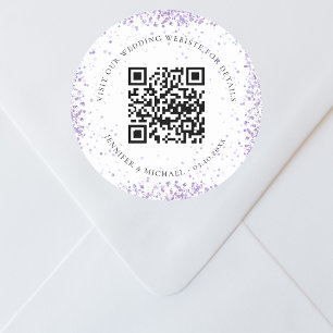 Wedding website QR code details rsvp violet white Classic Round Sticker