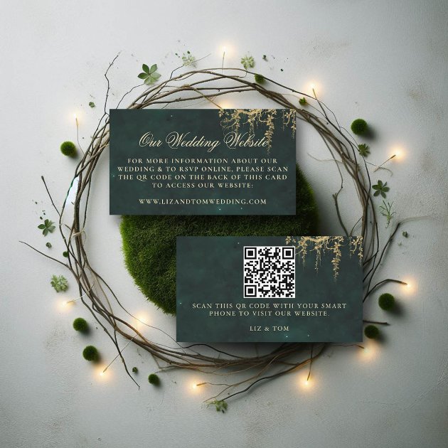 Enchanted forest wedding website QR code enclosure card — emerald green gold vines — Pencil Owl Studios