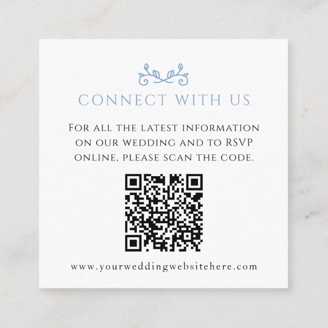 Wedding website QR code heart leaf monogram blue E Enclosure Card (Back)