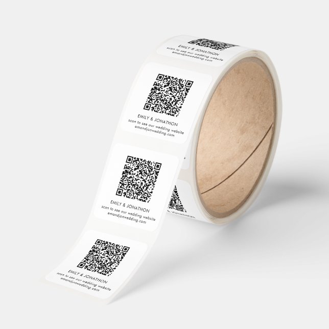 Wedding Website QR Code Names Black White Square Sticker (Roll)