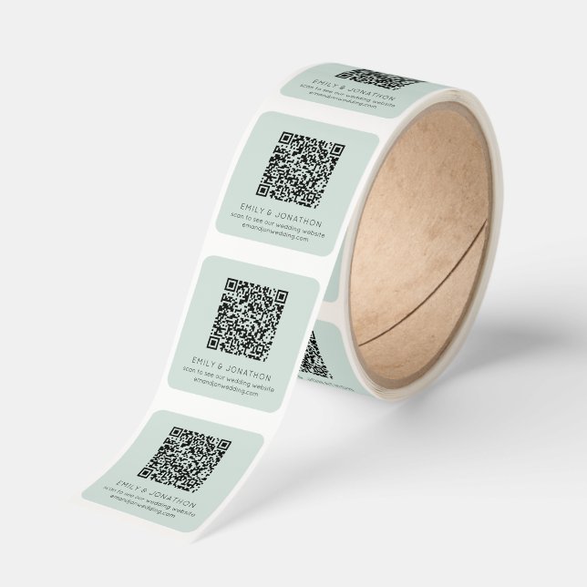 Wedding Website QR Code Names Mint Green Square Sticker (Roll)