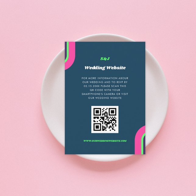 Wedding Website QR Code RSVP Teal Retro Groovy Enclosure Card (Creator Uploaded)