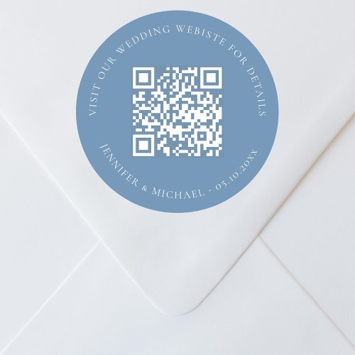 Wedding website QR details information rsvp blue Classic Round Sticker