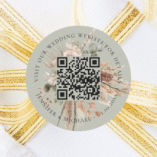 Wedding website QR details rsvp sage green pampas Classic Round Sticker