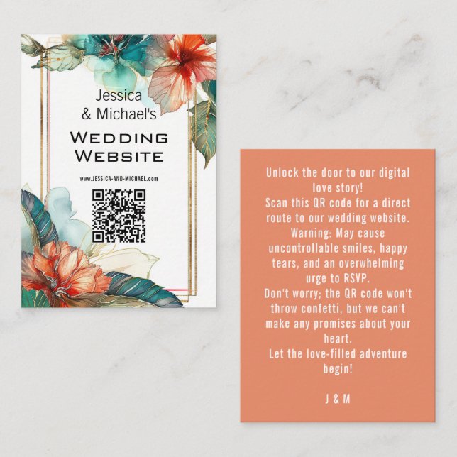 Wedding website + QR  Hibiscus Serenade Paradise Enclosure Card (Front/Back)