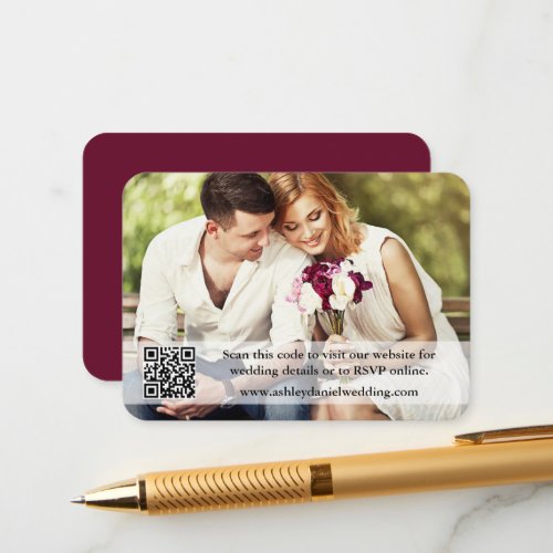 Wedding Website QR Overlay Photo Burgundy Enclosure Card