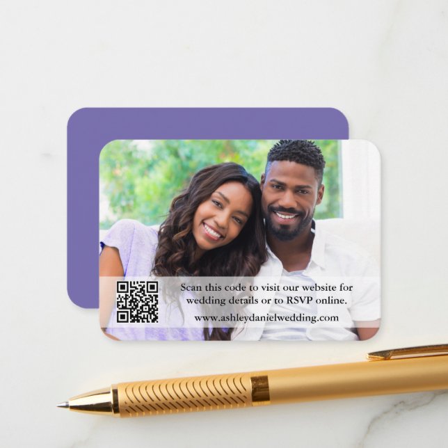 Wedding Website QR Overlay Photo Periwinkle Enclosure Card (Front/Back In Situ)
