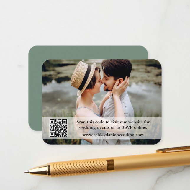 Wedding Website QR Overlay Photo Sage Green Enclosure Card (Front/Back In Situ)