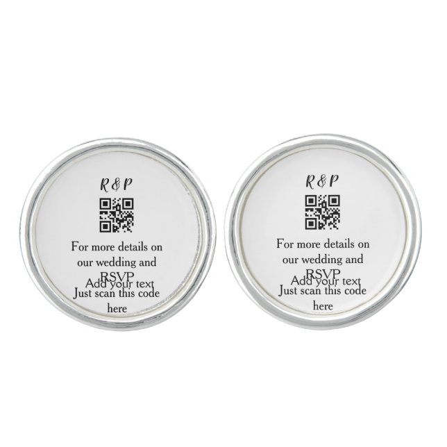Wedding website rsvp q r code add name text thr cufflinks (Front)