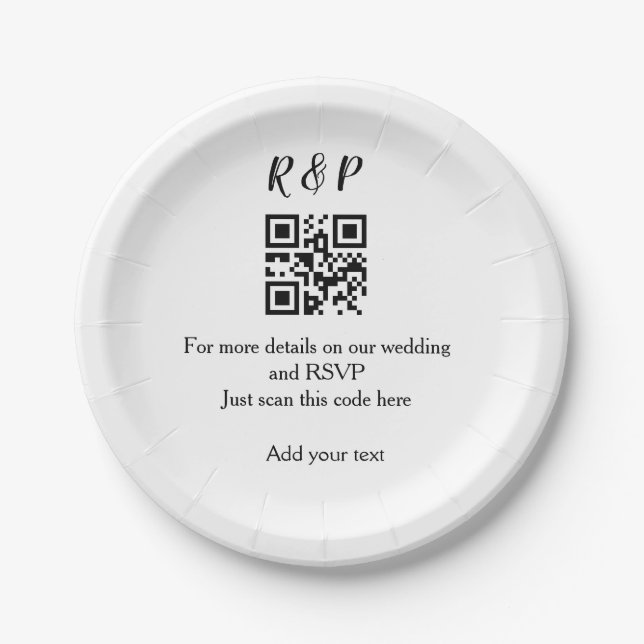 Wedding website rsvp q r code add name text thr paper plates (Front)