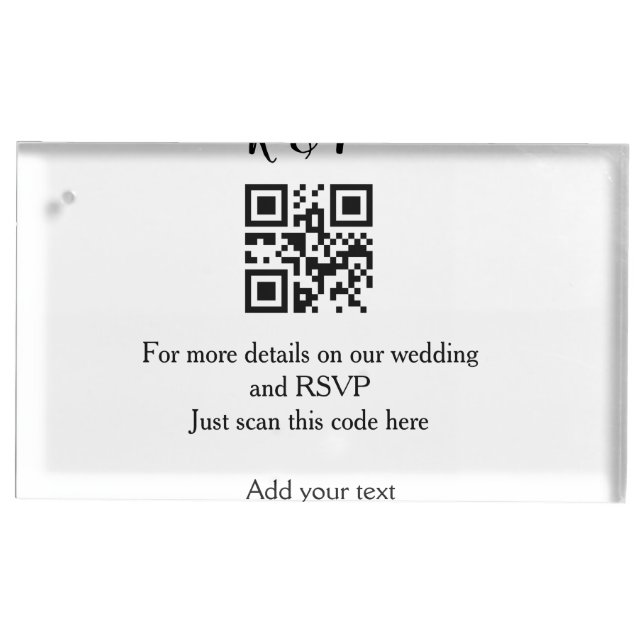 Wedding website rsvp q r code add name text thr place card holder (Front)