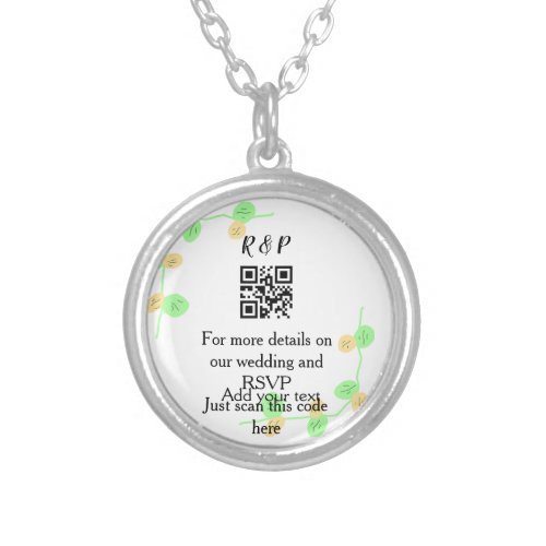 Wedding website rsvp q r code add name text thr silver plated necklace