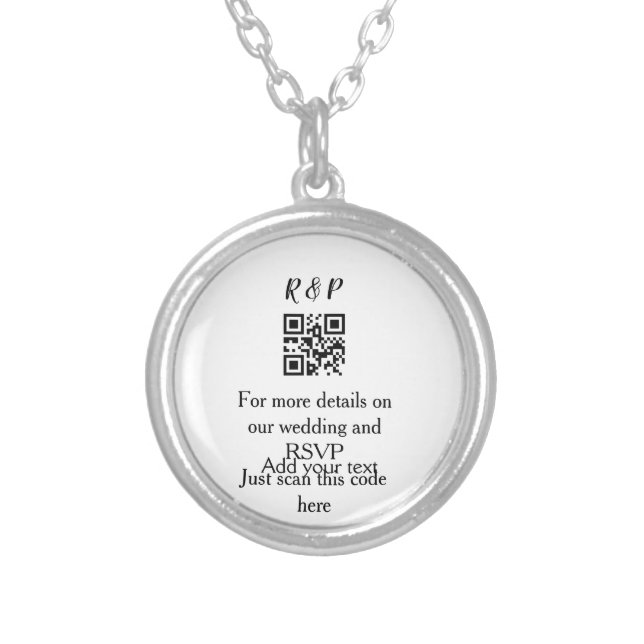 Wedding website rsvp q r code add name text thr silver plated necklace (Front)