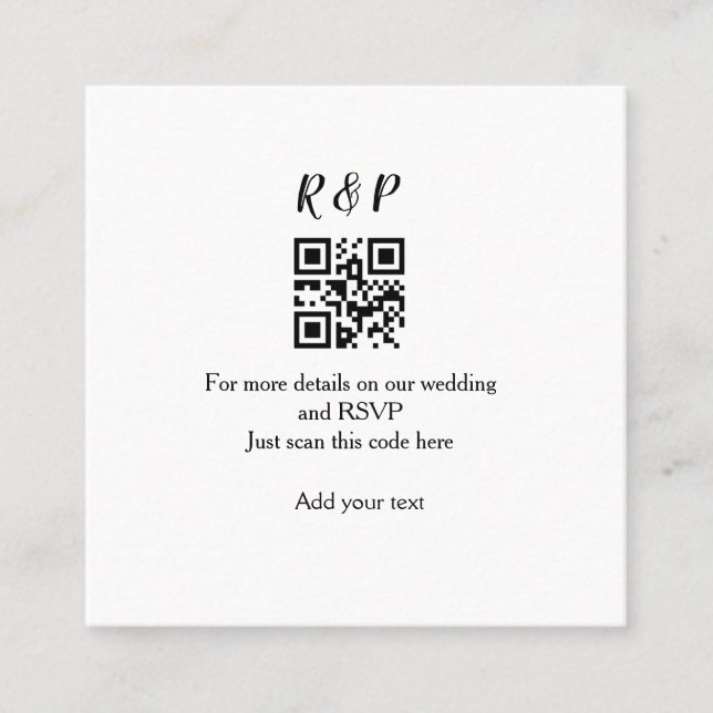 Wedding website rsvp q r code add name text thr square business card (Front)