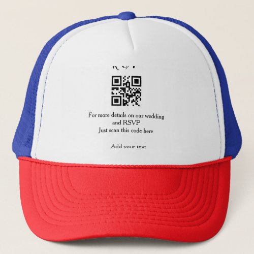 Wedding website rsvp q r code add name text thr trucker hat
